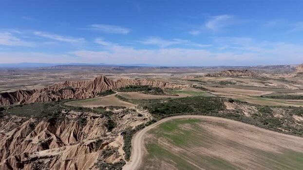 Aerial view of Bardenas Reales rock formations in Navarre Spain.