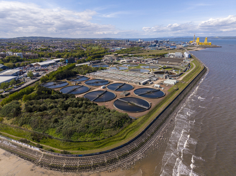 Edinburgh United Kingdom 06 May 2026 Aerial view of Seafield Road water treatment plant with circular sedimentation tanks along the coastline under a blue sky. Edinburgh United Kingdom 06 May 2026 Aerial view of Seafield Road water treatment plant with circular sedimentation tanks along the coastline under a blue sky.