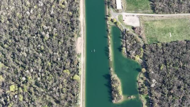 Aerial view of canal and adjacent forests France.
