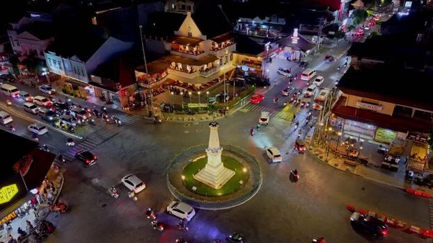 Aerial view of Tugu Yogyakarta Monument at night Indonesia. Aerial view of Tugu Yogyakarta Monument at night Indonesia.
