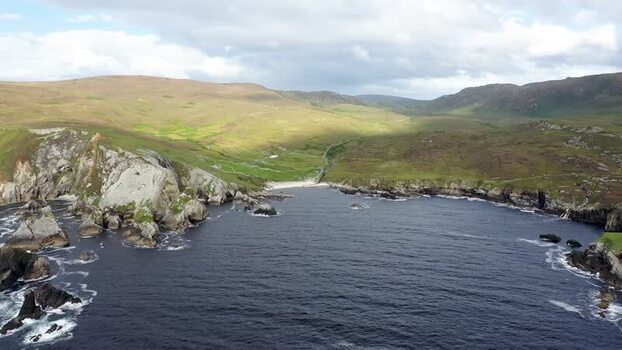 Aerial view of the rugged coastline at An Port Ireland.