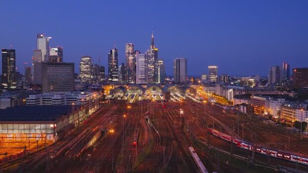 Aerial view of Hauptbahnhof and skyline in Frankfurt Germany.