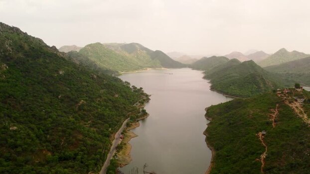 Aerial view of Baahubali Hills and lake in Udaipur India.