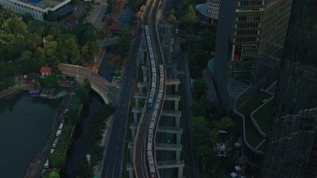 Aerial view of elevated train in Jakarta Indonesia.