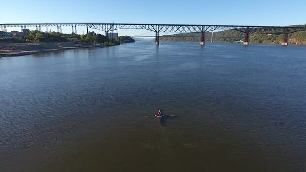 Aerial view of a rower by the Hudson River bridge United States