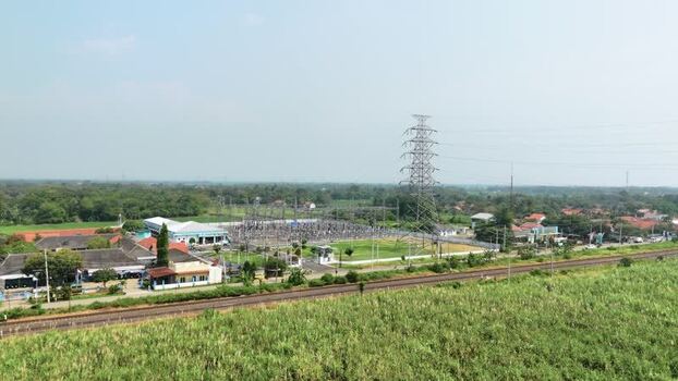 Aerial view of an electrical substation and power lines Indonesia. Aerial view of an electrical substation and power lines Indonesia.
