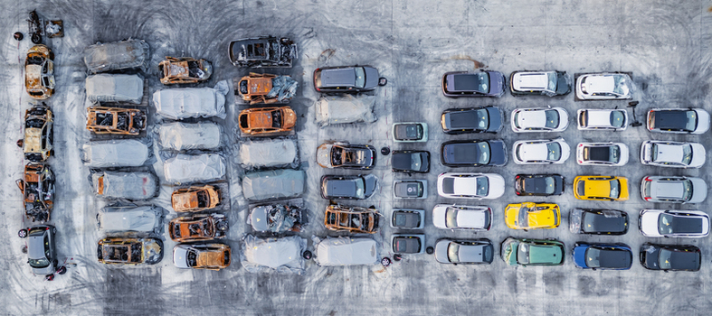 Livron sur Drome France 20 June 2026 Aerial view of a vehicle salvage yard with damaged and end of life cars stored in organized rows on a concrete lot. Livron sur Drome France 20 June 2026 Aerial view of a vehicle salvage yard with damaged and end of life cars stored in organized rows on a concrete lot.