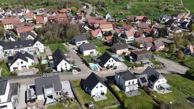 Aerial view of houses and fields France.