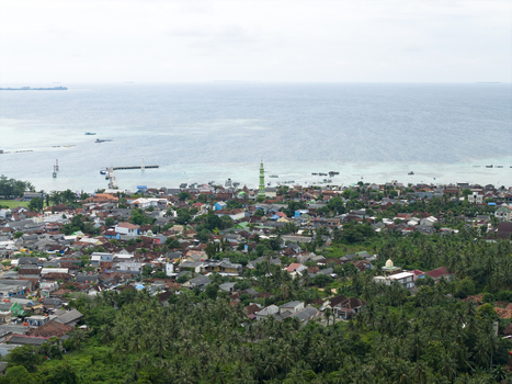 Aerial view of houses and trees stretching to the ocean with a mosque standing prominently Karimunjawa Central Java Indonesia. Aerial view of houses and trees stretching to the ocean with a mosque standing prominently Karimunjawa Central Java Indonesia.