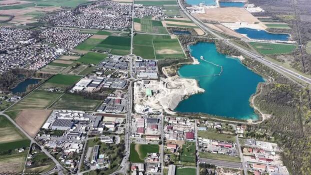 Aerial view of quarry and buildings France.