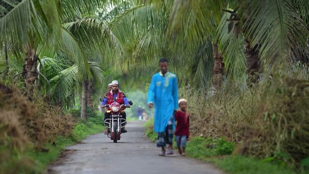 View of people on a rural road lined with palm trees Bangladesh. View of people on a rural road lined with palm trees Bangladesh.