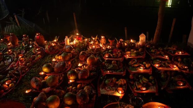 View of traditional oil lamps and offerings at night Bangladesh. View of traditional oil lamps and offerings at night Bangladesh.