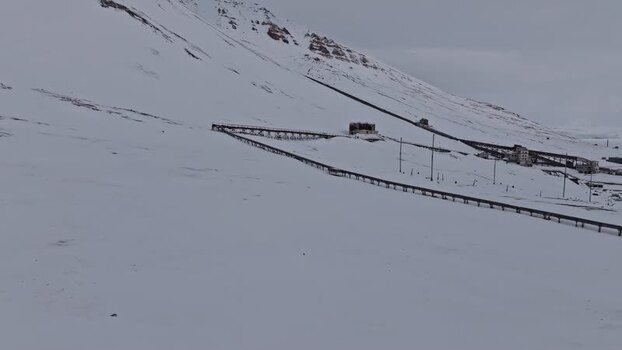 Aerial view of Pyramiden mining site Svalbard and Jan Mayen.