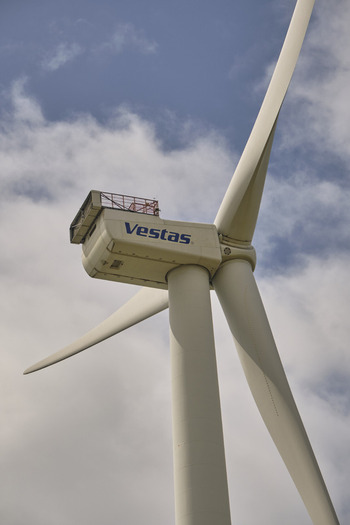 Esbjerg Syddanmark Denmark 24 July 2026 View of a Vestas wind turbine at the test center with large white blades against a cloudy sky.