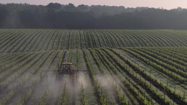 Aerial view of a tractor spraying a vineyard France. Aerial view of a tractor spraying a vineyard France.