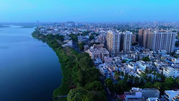 Aerial view of Surat city along the river India.