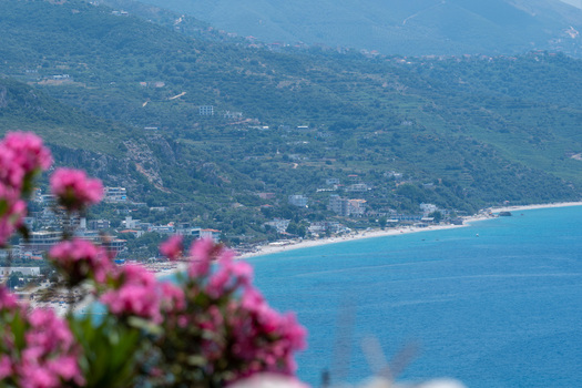 View of the turquoise sea and white sandy beach along the Mediterranean coastline with lush green hills and pink flowers in the foreground Vlore County Albania. View of the turquoise sea and white sandy beach along the Mediterranean coastline with lush green hills and pink flowers in the foreground Vlore County Albania.