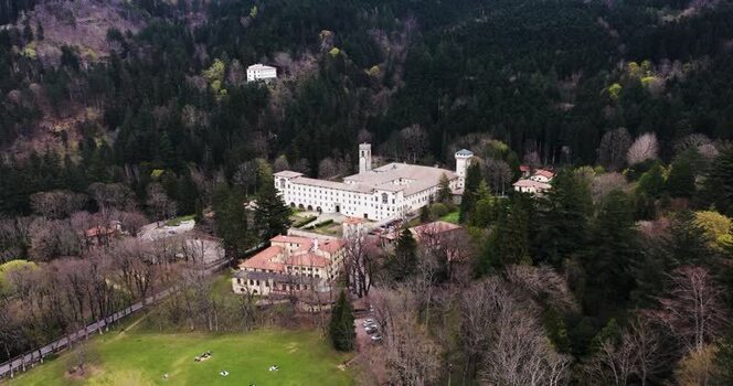 Aerial view of the historic Vallombrosa Abbey nestled in dense forest Italy. Aerial view of the historic Vallombrosa Abbey nestled in dense forest Italy.