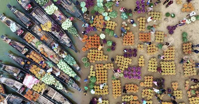Aerial view of a floating market with colorful produce Bangladesh.
