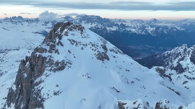 Aerial view of snow covered peaks in the Pale di San Martino Italy.