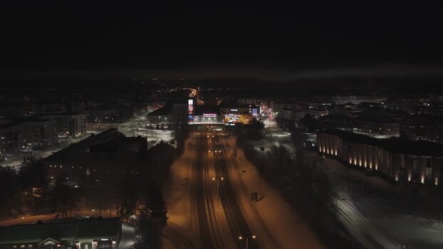 Aerial view of city lights and snowy streets in Rovaniemi Finland. Aerial view of city lights and snowy streets in Rovaniemi Finland.