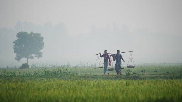 View of two men carrying shoulder poles through misty fields Bangladesh.