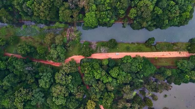 Aerial view of a red dirt road in a tropical forest Sri Lanka.