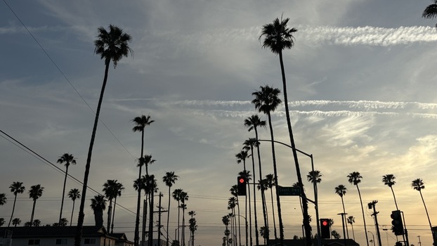 View of silhouetted palm trees lining a street under a sunset sky with contrails and traffic lights Oceanside California United States. View of silhouetted palm trees lining a street under a sunset sky with contrails and traffic lights Oceanside California United States.