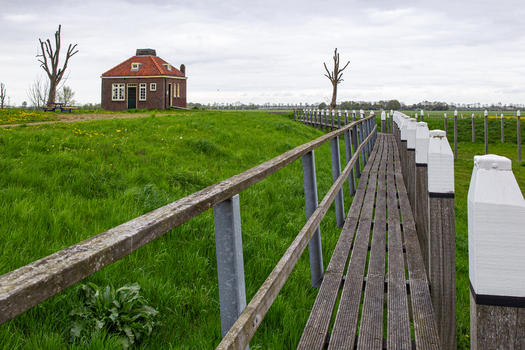 View of the historic former island of Schokland featuring a wooden walkway and a traditional brick house on a grassy hill under an overcast sky Schokland Flevoland Netherlands.