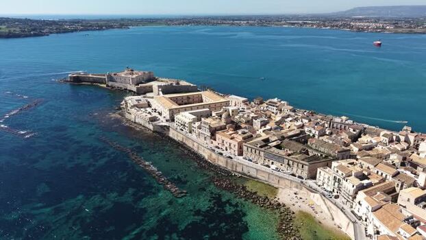 Aerial view of Maniace Castle and Ortigia Island Italy.