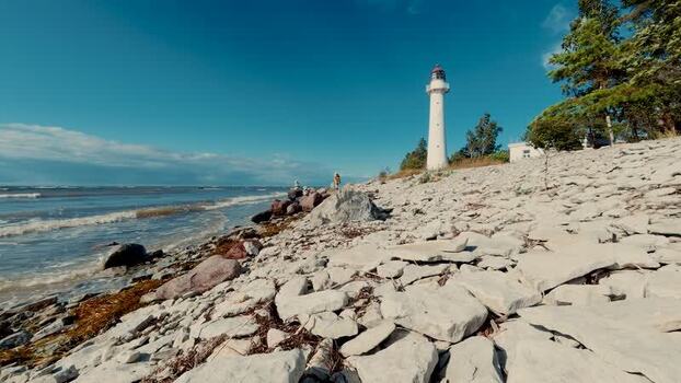 View of Saxby Lighthouse on the rocky coast of Estonia.
