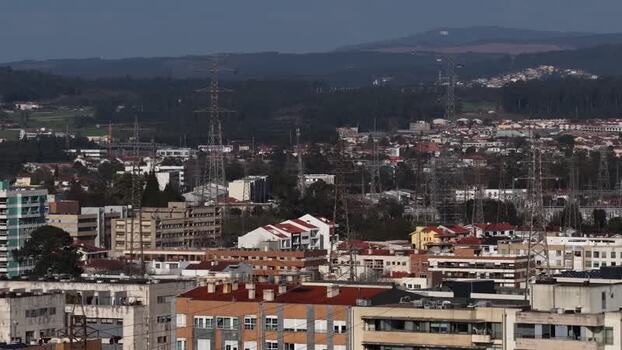 Aerial view of buildings and power lines Portugal.