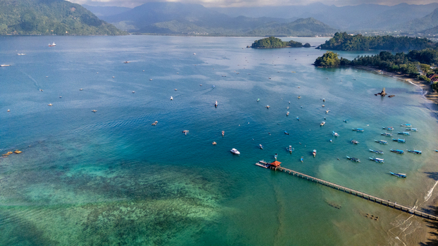 Aerial view of Pantai Karanggongso featuring a long wooden pier in the clear turquoise bay surrounded by small fishing boats and lush mountains in Watulimo East Java Indonesia.