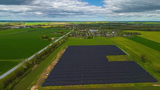Aerial view of solar farm in rural landscape Latvia. Aerial view of solar farm in rural landscape Latvia.