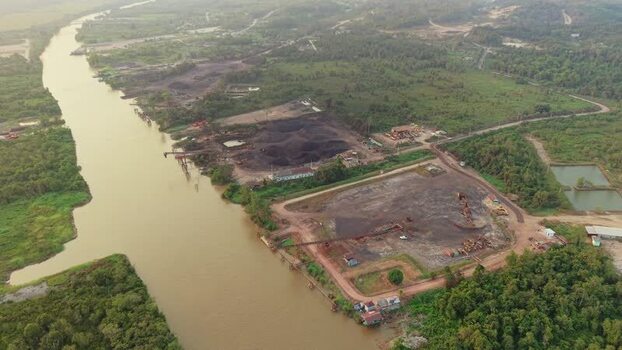 Aerial view of coal mining operations in Anggana Indonesia.