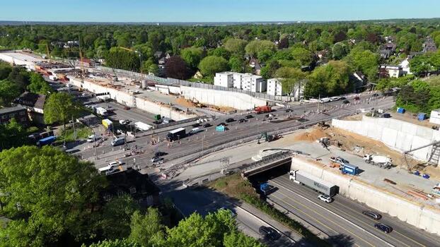Aerial view of Bahrenfeld construction site and A7 motorway Germany.