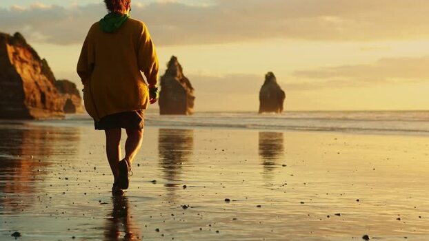 View of sea stacks at sunset on the beach New Zealand. View of sea stacks at sunset on the beach New Zealand.