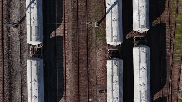 Aerial view of train cars on tracks Portugal.