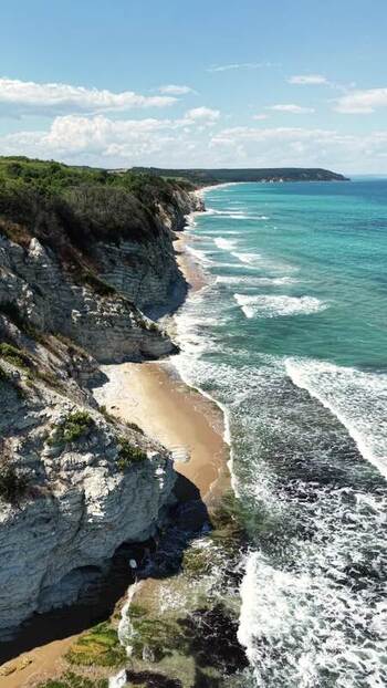 Aerial view of the rugged coastline in Byala Bulgaria.