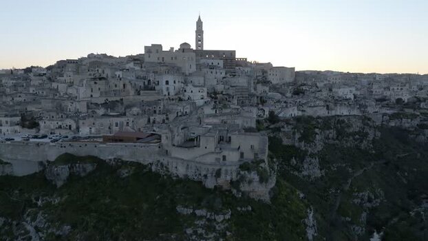 Aerial view of Sassi di Matera historic stone buildings Italy.