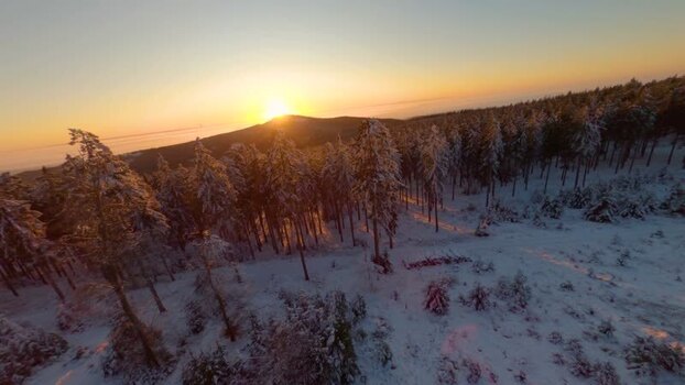 FPV aerial view of snow covered forest at sunset Germany.