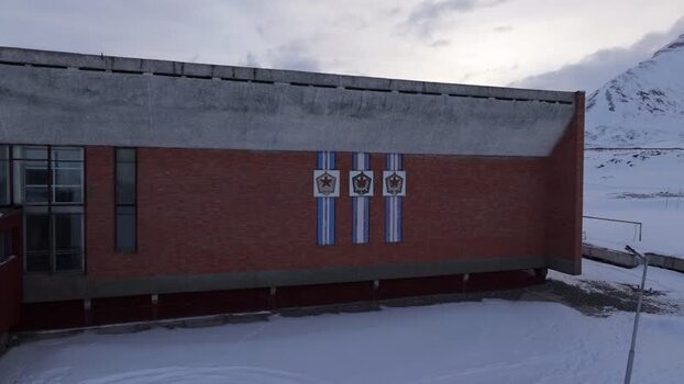 Aerial view of Pyramiden building in Svalbard and Jan Mayen.