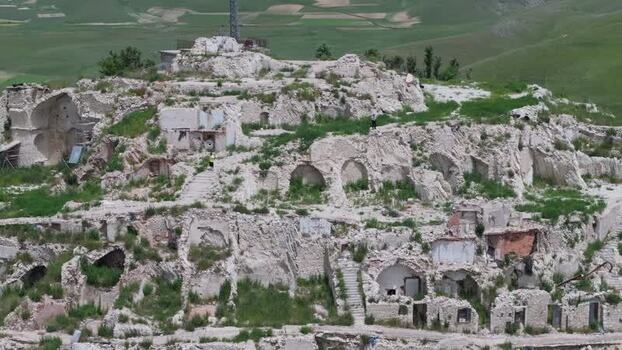 Aerial view of ruins of Castelluccio village Italy.