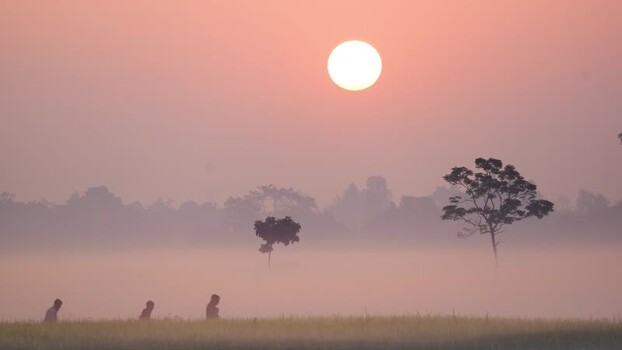 View of people walking through a misty field at sunrise Bangladesh. View of people walking through a misty field at sunrise Bangladesh.