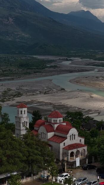 Aerial view of Tepelena Orthodox church in Peshtan Albania.