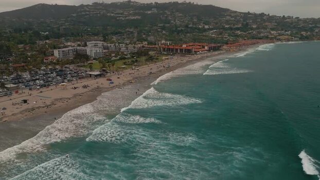 Aerial view of La Jolla Shores beach and waves United States.