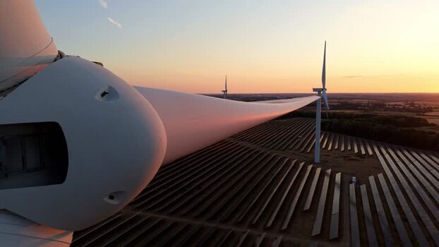 Aerial view of wind turbine and solar farm United Kingdom. Aerial view of wind turbine and solar farm United Kingdom.