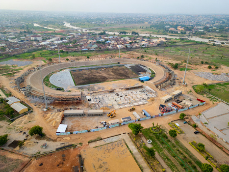 Kaduna Nigeria 13 May 2026 Aerial view of Ahmadu Bello Stadium under renovation with construction machinery and the city skyline in the background. Kaduna Nigeria 13 May 2026 Aerial view of Ahmadu Bello Stadium under renovation with construction machinery and the city skyline in the background.