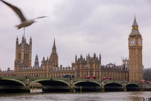 London United Kingdom 12 May 2025 View of the Palace of Westminster and Big Ben across the River Thames with Westminster Bridge and a seagull in the foreground.