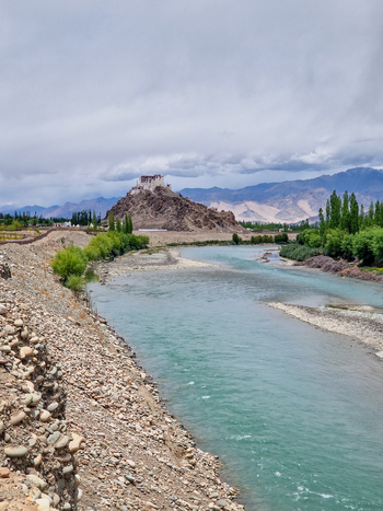 View of Stakna Monastery perched on a rocky hill overlooking the turquoise Indus River surrounded by lush green trees and distant mountains in Stakna Ladakh India.